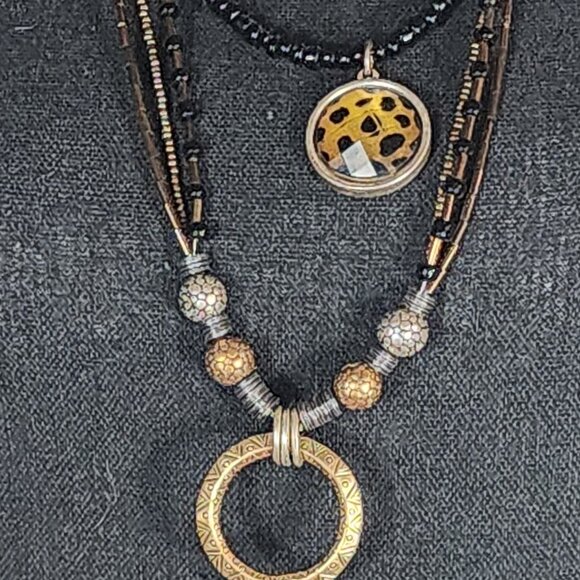 Chicos Mixed Metal Seed Bead Copper Black Animal Print Multi Strand 24" Necklace - Picture 3 of 16